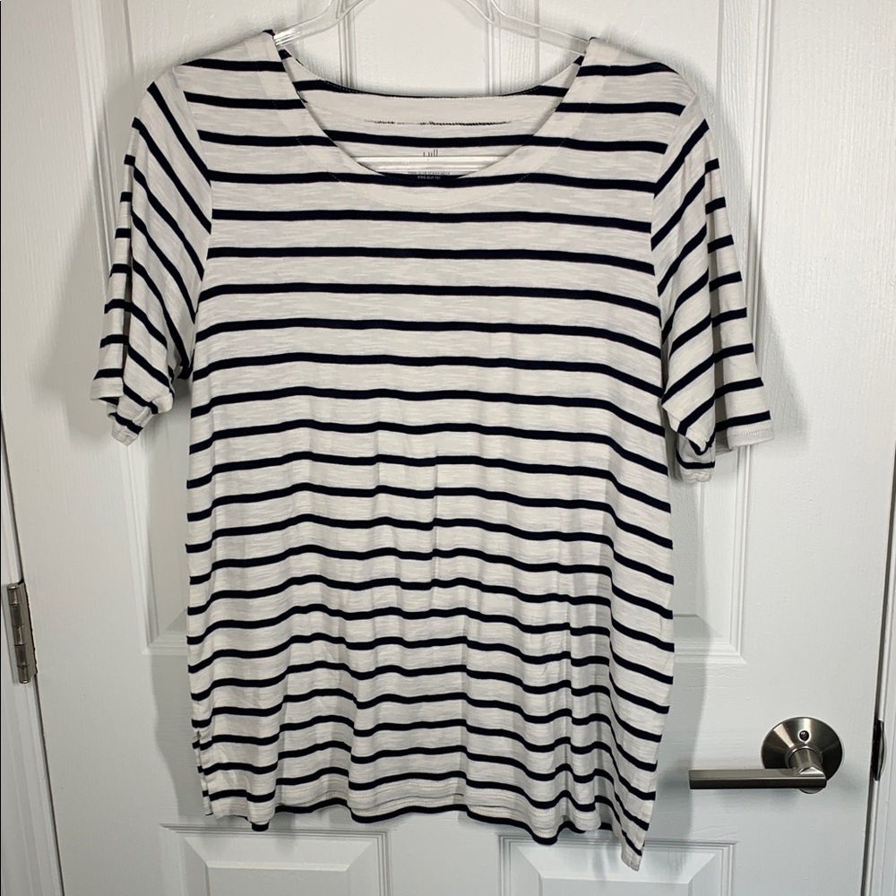 J Jill Pima slub scoop neck side-slit tee navy and white striped size medium